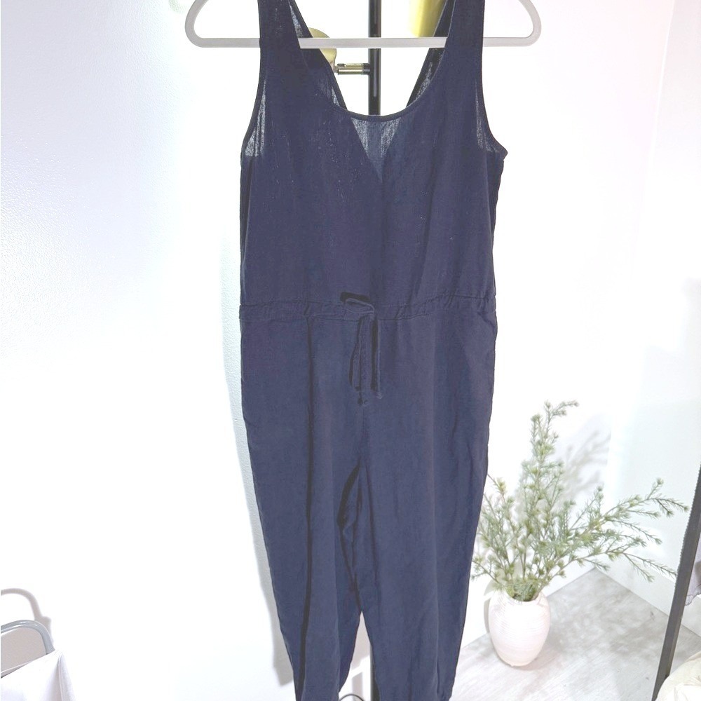 DREW‎ jumpsuit navy linen drawstring cool mom luxury no stretch luxe office md